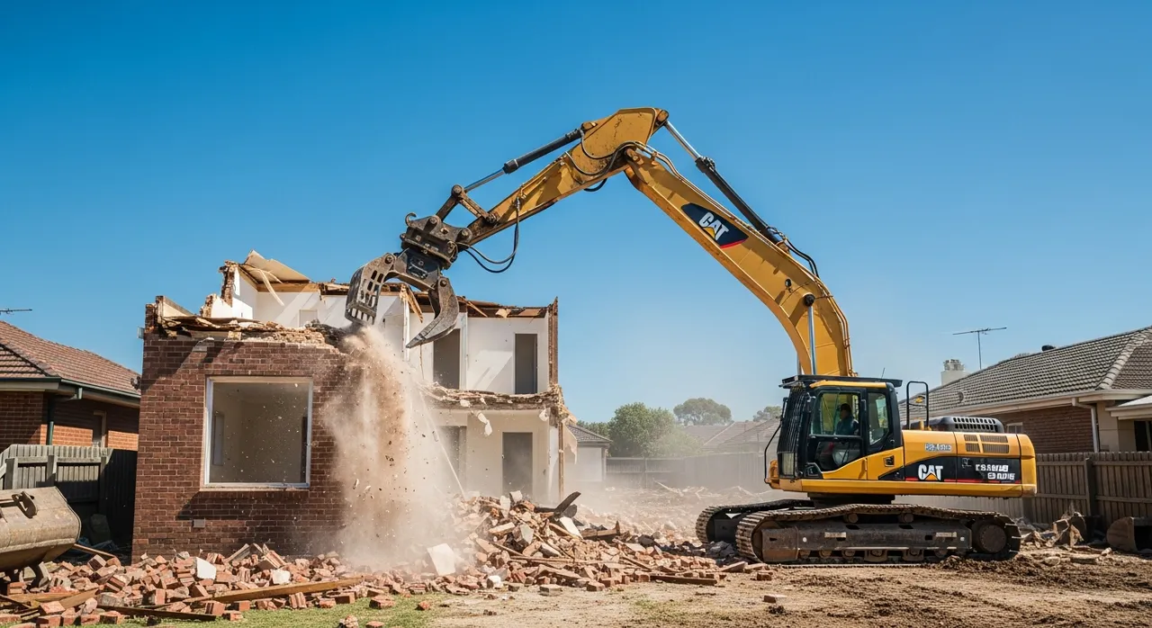 Excavator demolishing a residential house in Melbourne