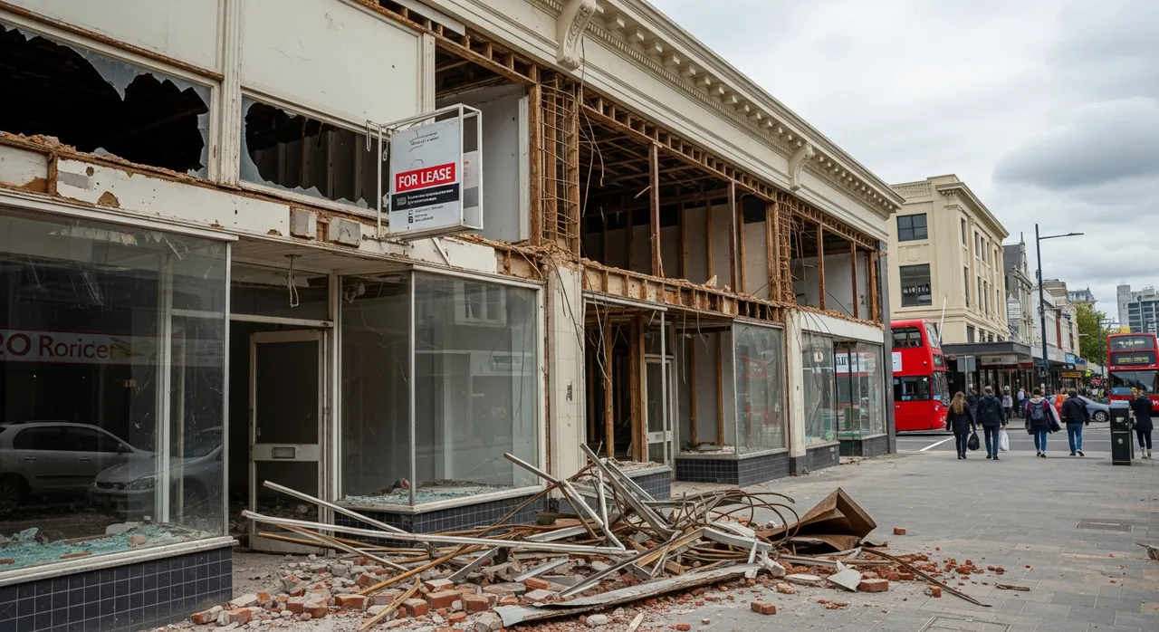 Partially demolished retail strip