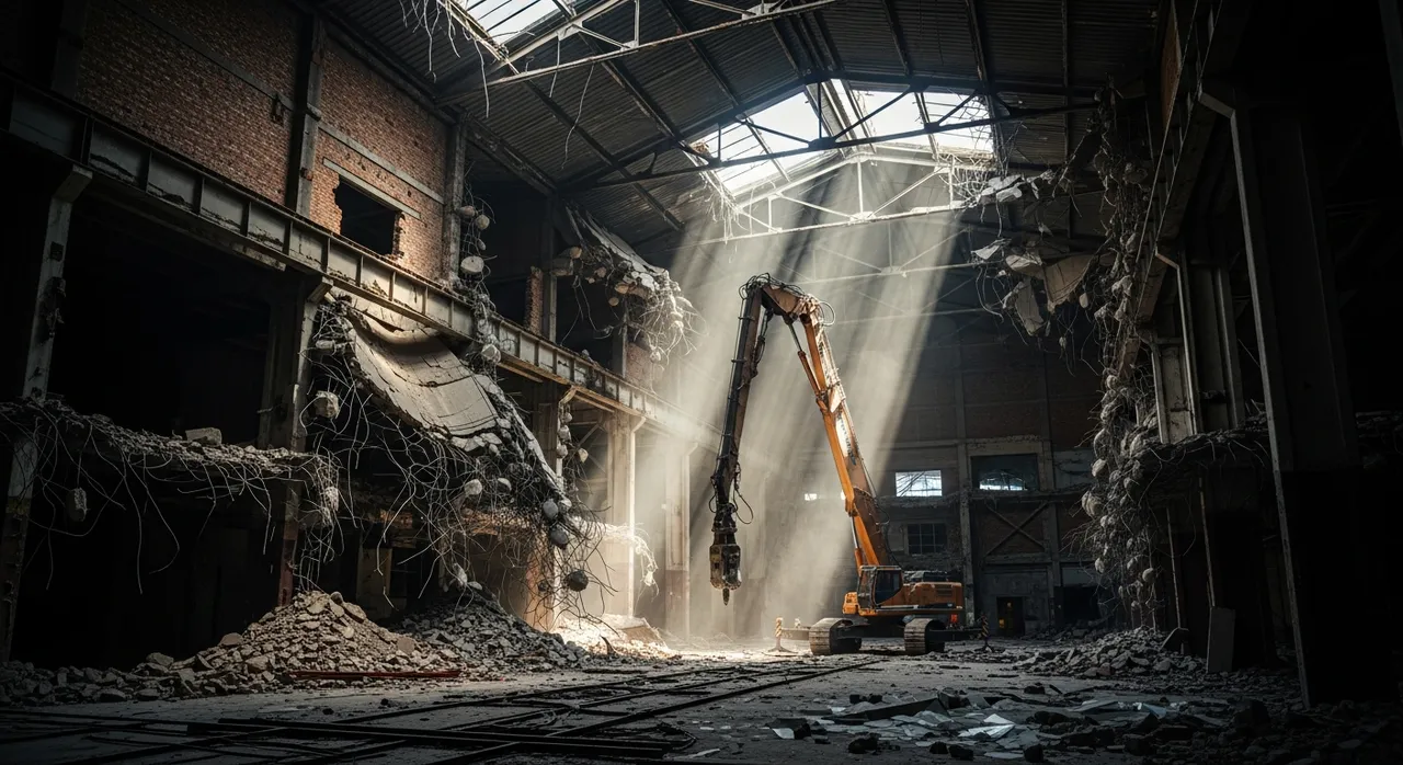 Industrial warehouse mid-demolition